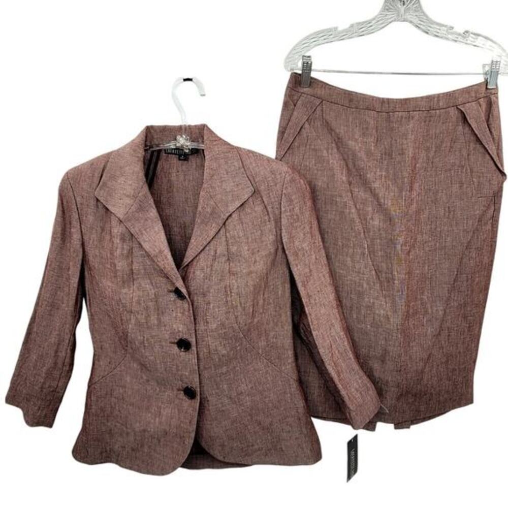 LaFayette 148 Long Sleeve Linen Single Breasted Jacket Midi‎ Skirt Set Lady Suit
